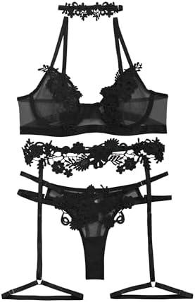 Lilosy Sexy Cute Applique Embroidered Underwire Push Up Garter Belt Chocker Lingerie Set M, Black