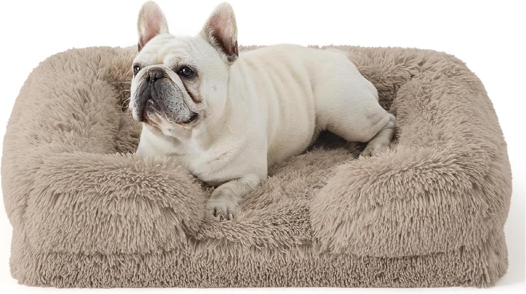 Bedsure Orthopedic Dog Bed for Medium Dogs - Calming Waterproof Dog Sofa Beds Medium, Supportive Foam Pet Couch Bed with Removable Washable Cover, Waterproof Lining and Nonskid Bottom, Taupe (28.0"L x 23.0"W x 6.5"Th, Long Faux Fur-Taupe)