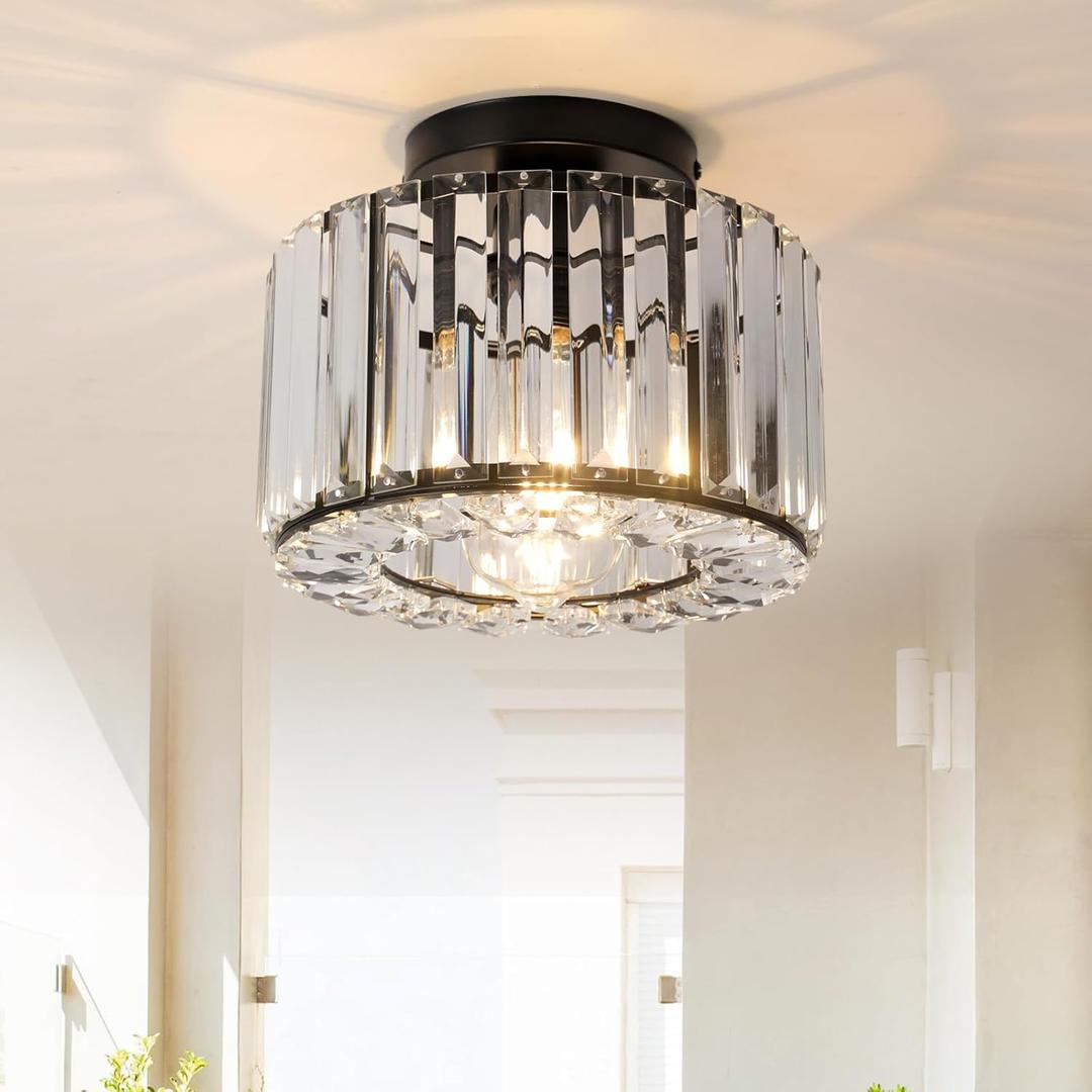 Black Crystal Semi Flush Mount Ceiling Light, Modern Chandelier, 9.06" Diameter, 7.28" Height, Bedroom, Dining Room, Kitchen