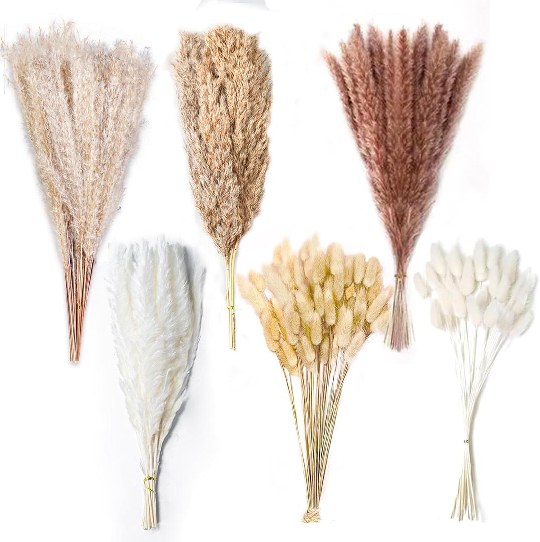 170PCS Natural Dried Pampas Grass Decor - 17" Fluffy Pampas Grass Bouquet - Boho Home Decor Dried Flowers for Wedding Floral Room Home Party Table Decorations