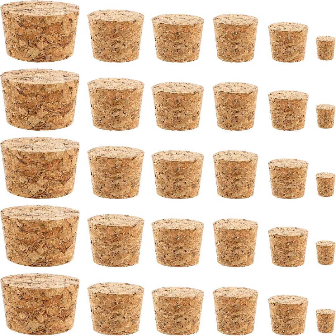 30Pcs Cork Stoppers, 6 Sizes Corks for Bottles, Wooden Tapered Corks, Cork Bottle Stopper for DIY Projects, Airtight Sealing, Wine Bottles