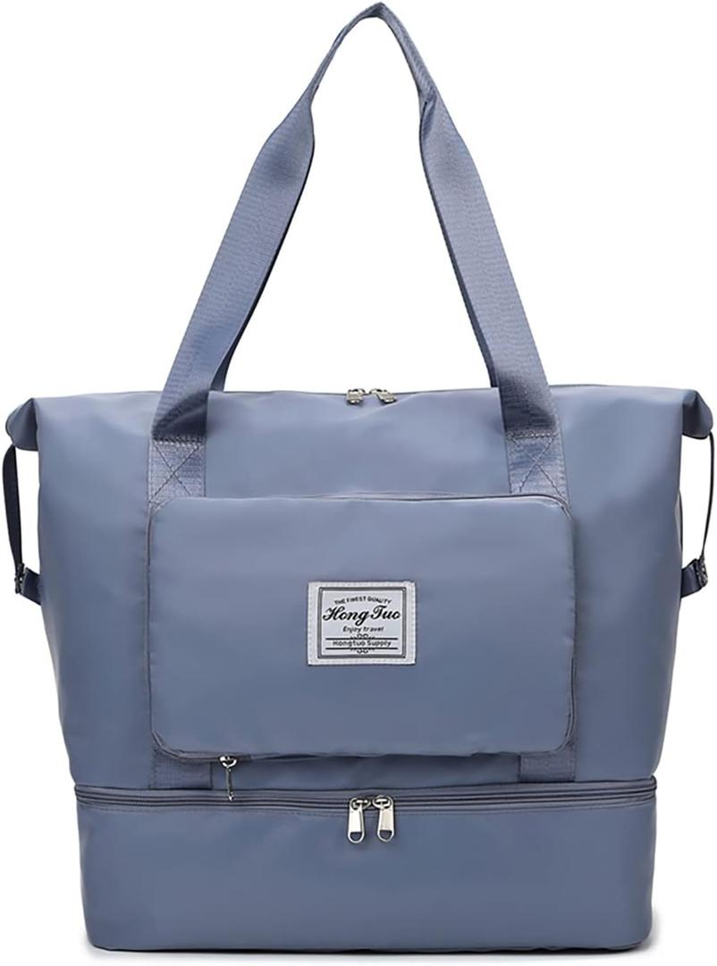 New Foldable Dry/Wet Separation Travel Duffel Bag with Shoe Compartment Large Capacity Folding Weekender Overnight Bag Lightweight Waterproof Gym Tote Bag (F-Blue)
