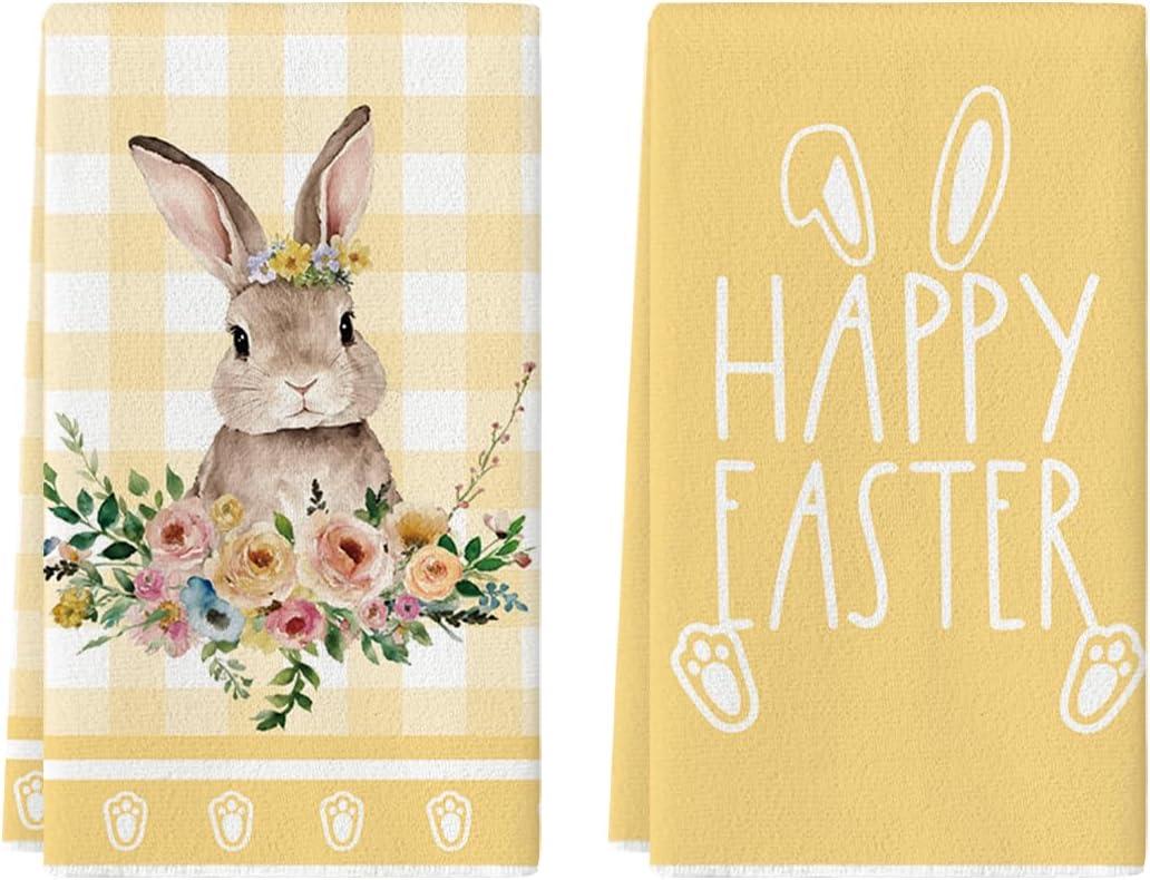 Artoid Mode Yellow Buffalo Plaid Bunny Rabbit Happy Easter Kitchen Towels Dish Towels, 18x26 Inch Spring Summer Holiday Decoration Hand Towels Set of 2