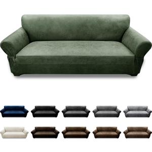 Couch Cover Leather Look 3 Seater Couch Sofa Cover 1-Piece Sofa Slipcover Stretch Furniture Protector with Elastic Bottom & Pockets(Sofa, Army Green)