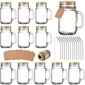 16 oz Mason Jars with Handle, Mason Jar Cups, Glass Cups with Lids and Straws, Drinking Glasses Set of 12