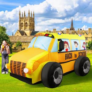 7 Ft Back to School 3D Inflatable School Bus Decor with LED Lights & Built-in Air Blower for Outdoor Yard Decoration First Day of School Party Decor & Garden Lawn Decor