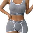 SweatyRocks Women's Letter Print 2 Piece Scoop Neck Bra and Mid Rise Boyshort Lingerie Set Underwear (Large, Light Grey)