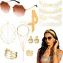 JATEBI 11Pcs 70s Disco Accessories for Women Disco Costume Accessory Set Coil Bracelet Rings Earrings 70s Sunglasses Layered Necklace Sequin Head Chain Face Tattoo Stickers for Party Cosplay