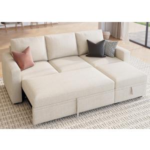HONBAY Modular Sectional Sleeper Sofa with Pull Out Bed, L Shaped Couch with Storage Seat, Modular Sectional Couches for Living Room - Beige