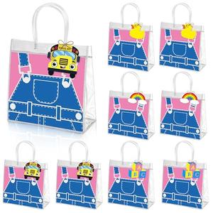 Wood Homing 24PCS English Teacher Birthday Party Favor Bags with Rainbow ABC Bus Gift Tag Cartoon Teacher Fans Treat Bag with Handle Back to School Gathering Classroom Cartoon Girl Party Decor Supply
