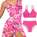 Girls Swimsuits 3 Piece Tropical Print Bathing Suits Twist Cross Bikini Set with Backless Wrap Dress Cover Up (13-14 Years, Hot Pink)