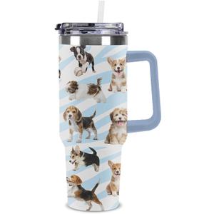 Duzieda Cute Dogs Tumbler Gift, 40 oz Insulated Stainless Steel Tumbler with Handle and Straw, Double Wall Vacuum Travel Mug with Lid