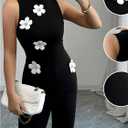 SOLY HUX Women's 3D Floral Tank Top Mock Neck Sleeveless Slim Fit Summer Tops (Black, L)