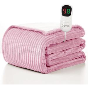 Homemate Electric Heated Blanket Twin Size - 62"x84" Heating Blanket Twin Size 1/2/4/6/8 Hours Auto-Off 10 Heat Level Over-Heat Protection Soft Flannel Sherpa ETL Certification (06 - Pink(striped))