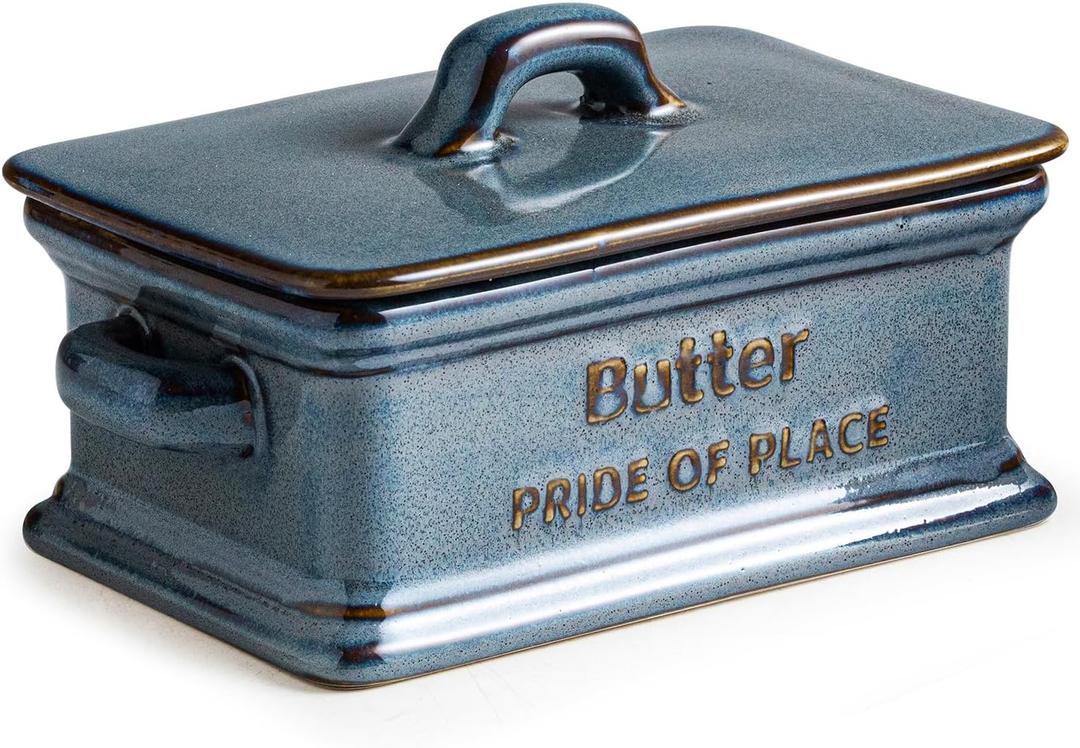 Butter Dish with Lid, Porcelain Butter Dish for Countertop Large Butter Keeper Butter Holder Container for East West Coast Butter, Farmhouse Decor for Valentine's Day, Blue