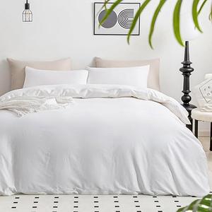 JELLYMONI White Duvet Cover Queen Size - 100% Washed Cotton Linen Like Textured Comforter Cover, 3 Pieces Breathable Soft Bedding Set with Zipper Closure (Bright White, Queen 90"x90")