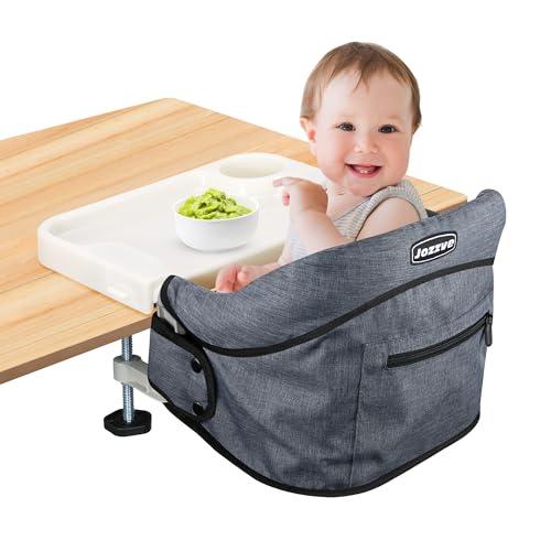 JOZZVE Hook On High Chair with Detachable Tray, Portable Foldable Clip On Baby Travel High Chair, Lightweight Feeding Seat with Storage Bag, BPA-Free Safety Harness for Home Restaurant (Grey)