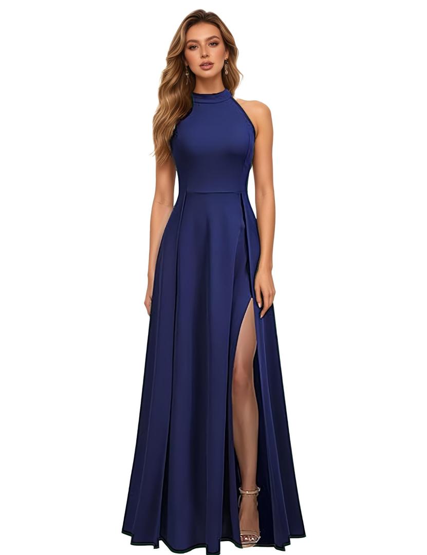 Zeflows Womens Halter A-line Side Slit Sleeveless Maxi Dress Evening Gown Elegant Cocktail Party Wedding Guest Dress, Navy-L (Blue, L)