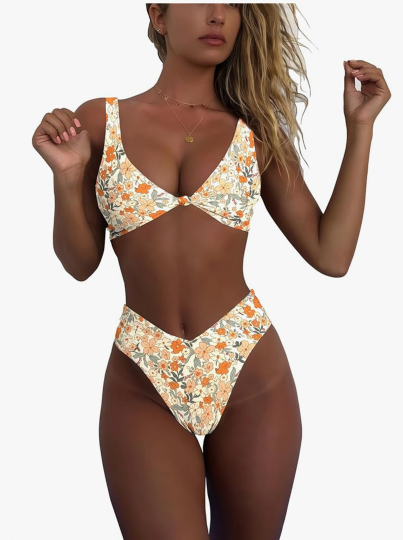 geluboao Bikini Set for Women Solid V Neck Knot Front Push Up High Leg Thong Two Piece Swimsuit, Size:L