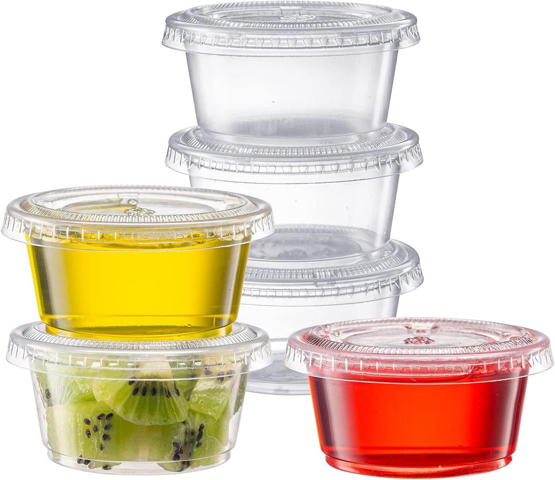 Pantry Value [2 oz. - 100 Count Clear Disposable Plastic Portion Cups with Lids - Small Plastic Condiment Containers for Sauce, Salad Dressings & Portion Control