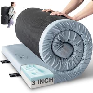 Kingfun Memory Foam Camping Sleeping Pad, CertiPUR-US Camping Mattress Waterproof Roll Up Mattress Guest Bed, Thick Floor Sleeping Mat for Car for Adults with Travel Bag, Twin 75" X 38" X 3 Inch
