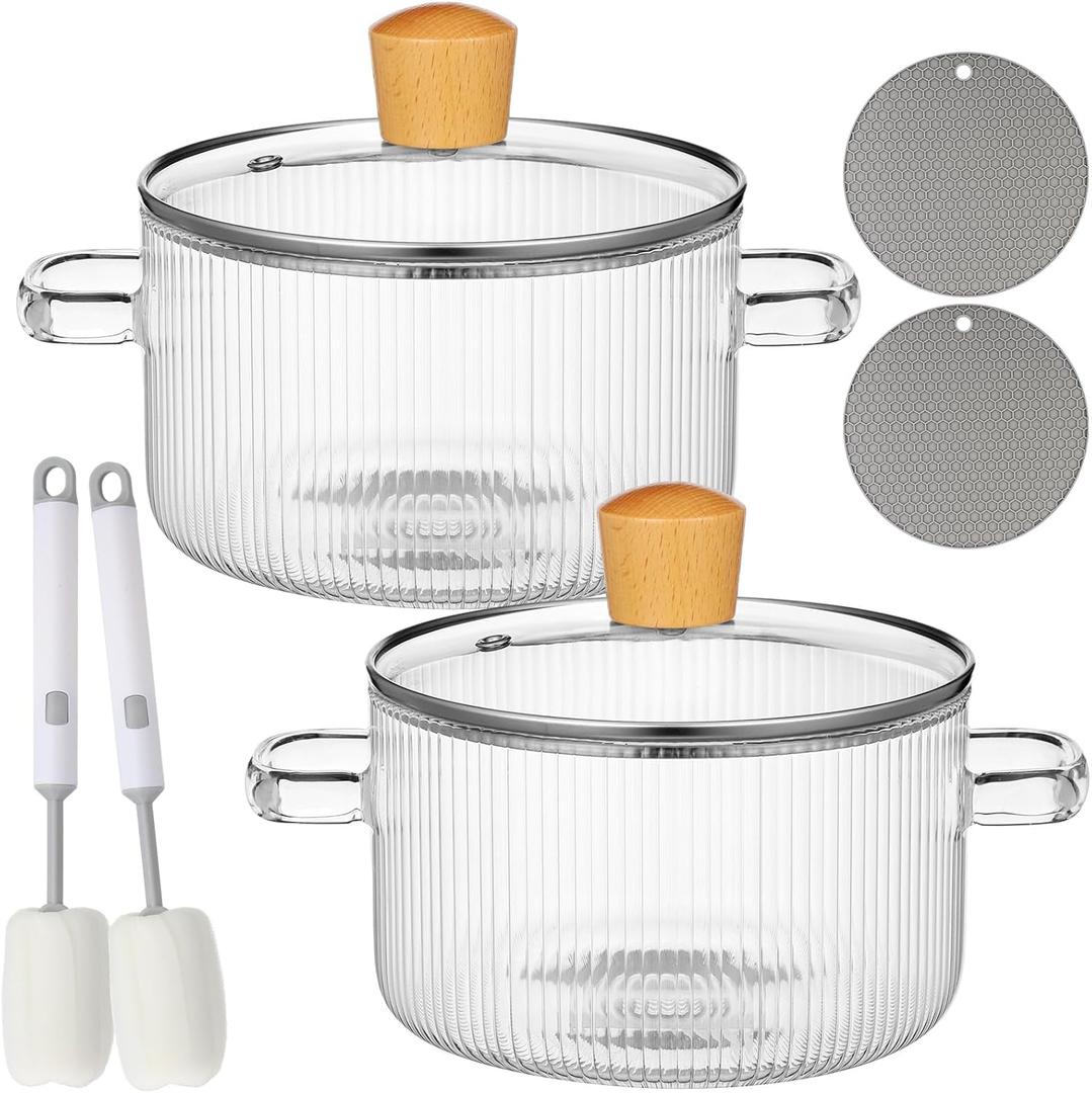 Tioncy 2 Pcs Clear Glass Pots for Cooking on Stove 1.3 L 44 oz Glass Saucepan with Lid Handle Simmer Pot Handmade Cookware Borosilicate Cooking Pot with Brushes and Silicone Mats(Ribbed)