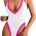 Color Block Swimsuit, Plunge V Neck High Cut, Pool Party Vacation, Sexy Backless One Piece Bathing Suit Cheeky (Large, White Neon Pink)