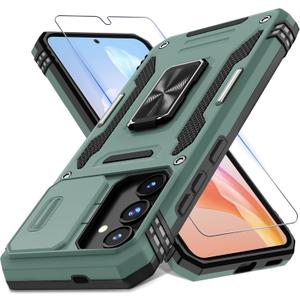 DEERLAMN Case for Samsung Galaxy S25 FE 6.7-Inch with Slide Camera Cover+Screen Protector(1 Pack), Rotated Ring Kickstand Military Grade Shockproof Protective Cover-Green