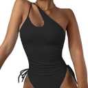 Lilosy Sexy Shoulder Tummy Control One Piece Swimsuit Ruched High Cut Leg Rise Bikini Cutout Thong Bathing Suit (Small, Black)