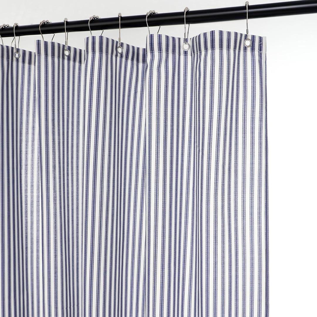 Stripe Cotton Toile Shower Curtain Ticking Stripe Woven Print Curtain Bathroom Decor for Traditional and Contemporary Style Kitchen Bath Home(Navy Blue and White,72 x 72 Inches)