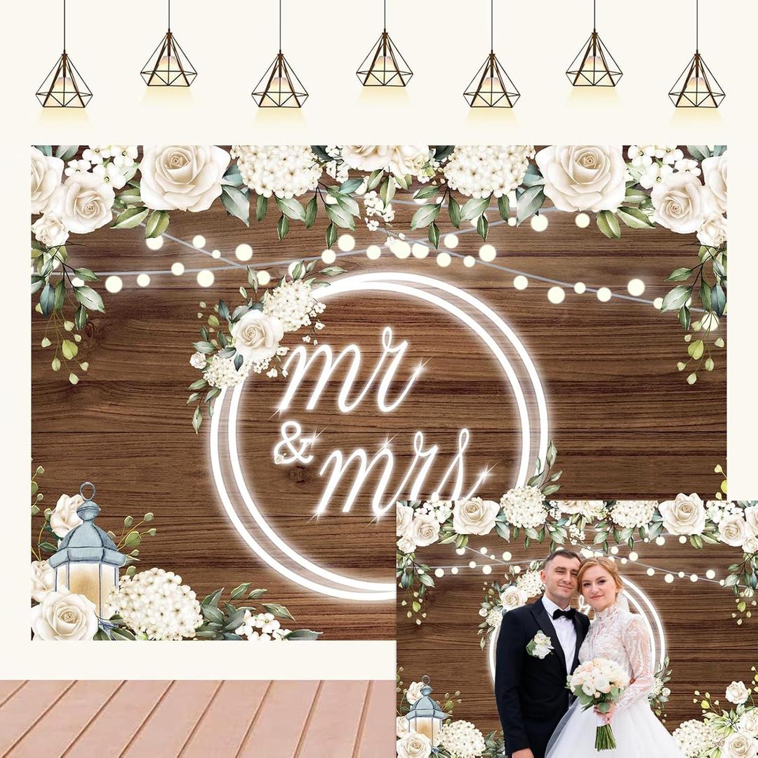 Mr and Mrs Wedding Backdrop Banner White Rose Floral Wooden Wall Glitter Lights Wedding Photo Backdrop for Reception Bridal Groom Engaged Ceremony Anniversary Party Decoration 7x5Ft