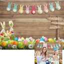 7X5FT Spring Happy Easter Theme Photography Backdrop Rustic Wood Wall Background Bunny Colorful Plumeria Flowers Baby Kid Portrait Party Decoration Banner Photo Booth Studio DH-174