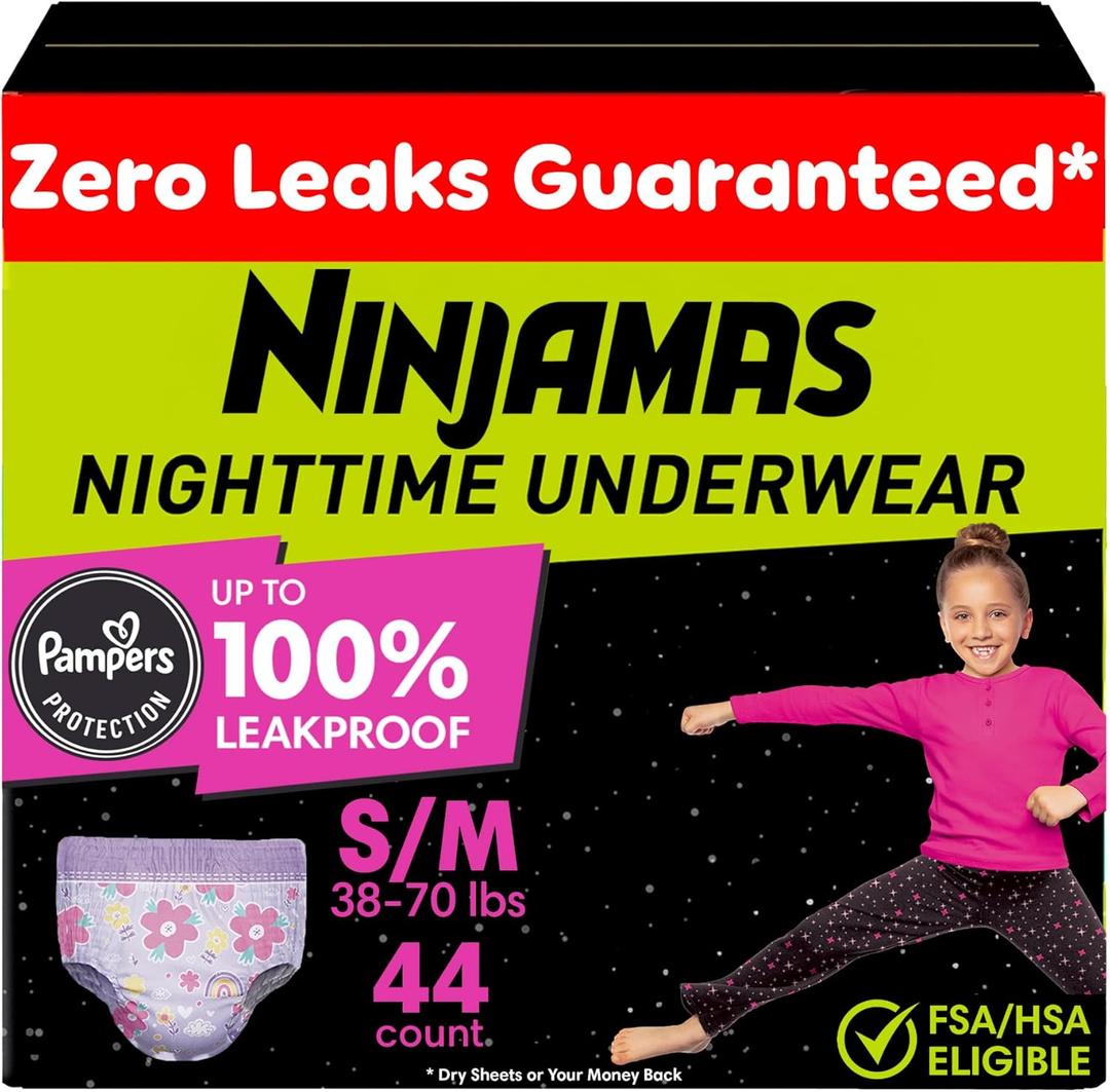 Ninjamas Girls Bedwetting Nighttime Underwear, Size S/M (38-70 lbs), 44 Count, Overnight Protection, Ultra Absorbent, Hypoallergenic, S/M