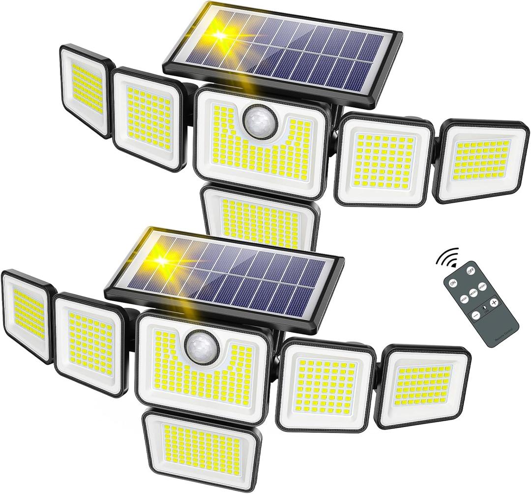Solar Outdoor Lights, 3000LM Solar Flood Lights with 401 LED, 6 Heads Motion Sensor Light 360 Beam Angle, IP65 Waterproof,3 Adjustable Brightness, Remote Control Security Light 2 Packs Solar Outdoor Lights, 3000LM Solar Flood Lights with 401 LED, 6 Heads Motion Sensor Light 360 Beam Angle, IP65 Waterproof,3 Adjustable Brightness, Remote Control Security Light 2 Packs