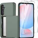 for Samsung Galaxy 24 FE Wallet Case with Card Holder, 2X Screen Protector Dual Layer Protective Shockproof Hidden Card Slot Slim Wallet Men Women for Samsung 24 FE 5G 6.7  (Deep Green)
