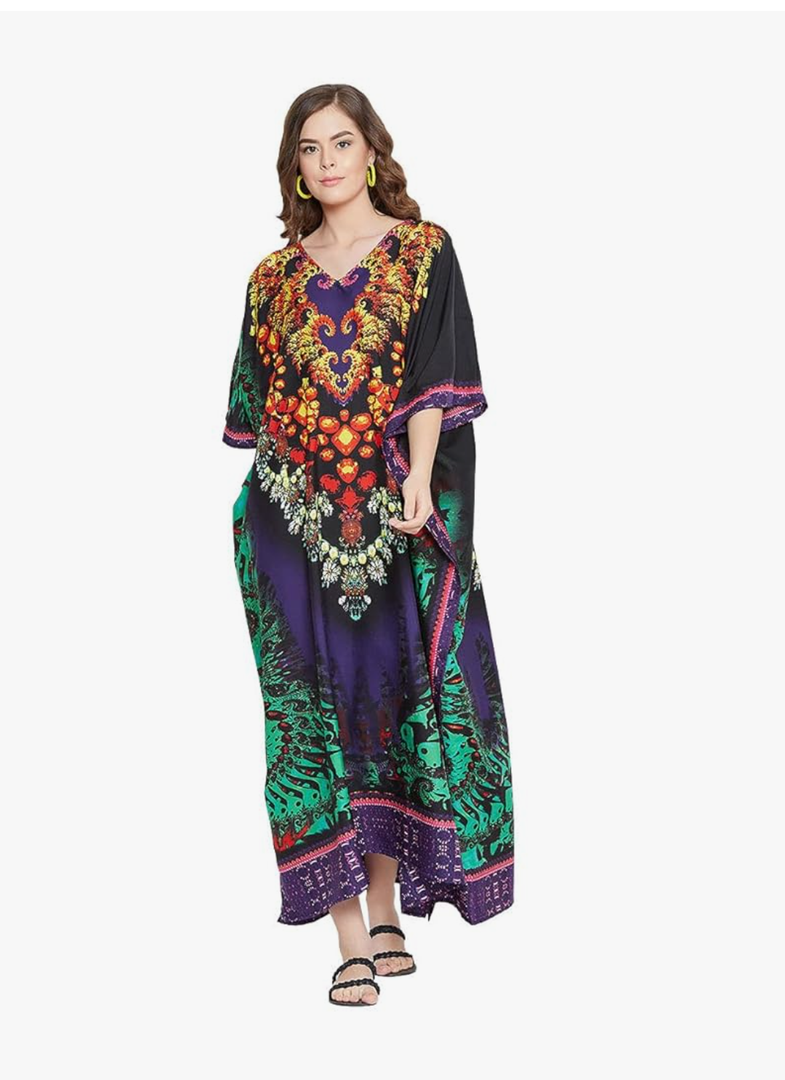 Oussum Women Polyester Casual Kaftan Long Plus Size Summer Beach Caftan Cover Ups Maxi Dresse for Ladies One Size