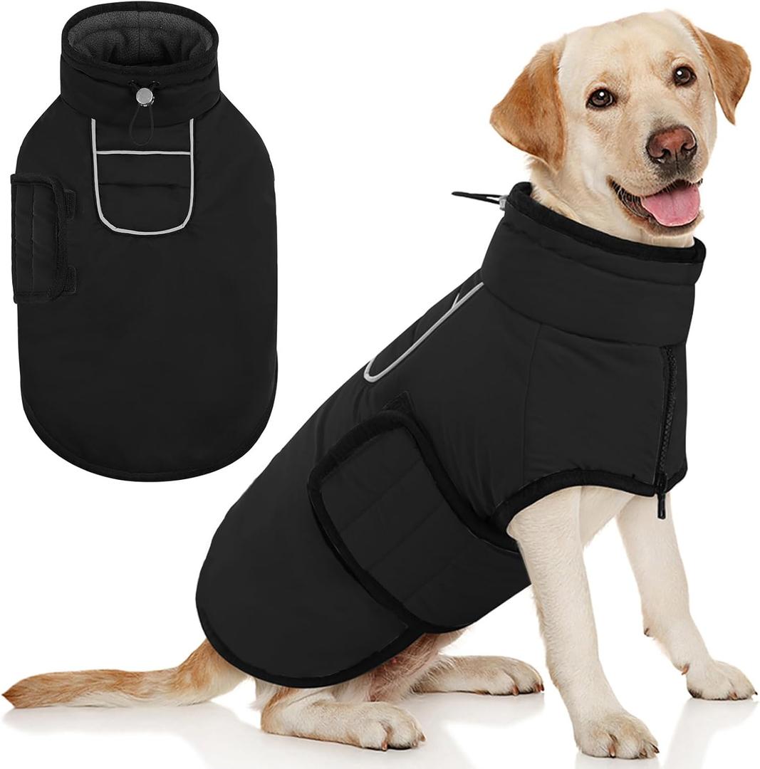AOFITEE Coats for Extra Large Dogs, Warm Fleece Dog Winter Jacket with Harness Hole, Warm Snowsuit Puffer Jacket for Large Dogs, XL Pet Coat Windproof Cold Weather Coats for Border Collie, Beagle, XL (Black)