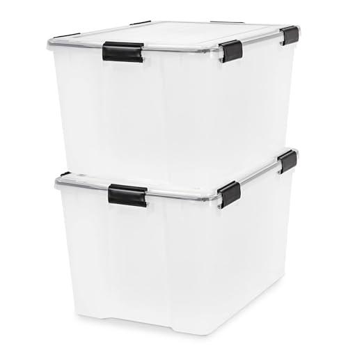 IRIS USA WeatherPro 74 Qt Storage Bins with Lids,  3 Pack, BPA-Free Plastic Gasket Box with Tight Latch and Seal, Stackable Nestable Tote Tub - Clear/Black