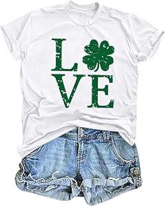 Love Shamrock Graphic St Patrick's Day Cute T-Shirt Women's Lucky Clover Irish Tees Short Sleeve Casual Tops L