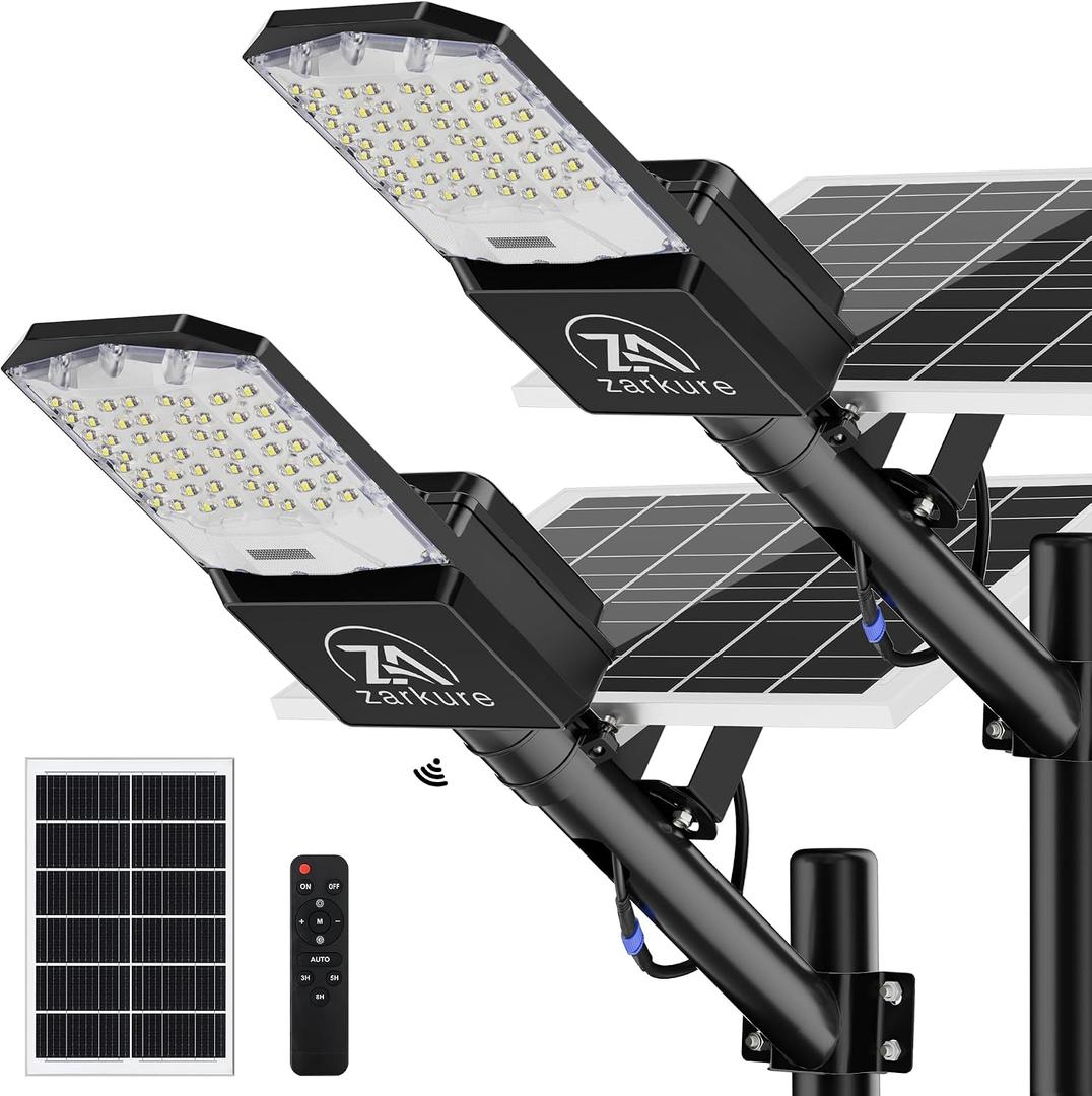 9500W Solar Street Lights Outdoor, 2PCS 40000mAh IP67 Waterproof Solar Security Flood Lights 7000K 450000LM Bright LED Beads Commercial Parking Light with Remote Control for Street, Court, Barn-Black