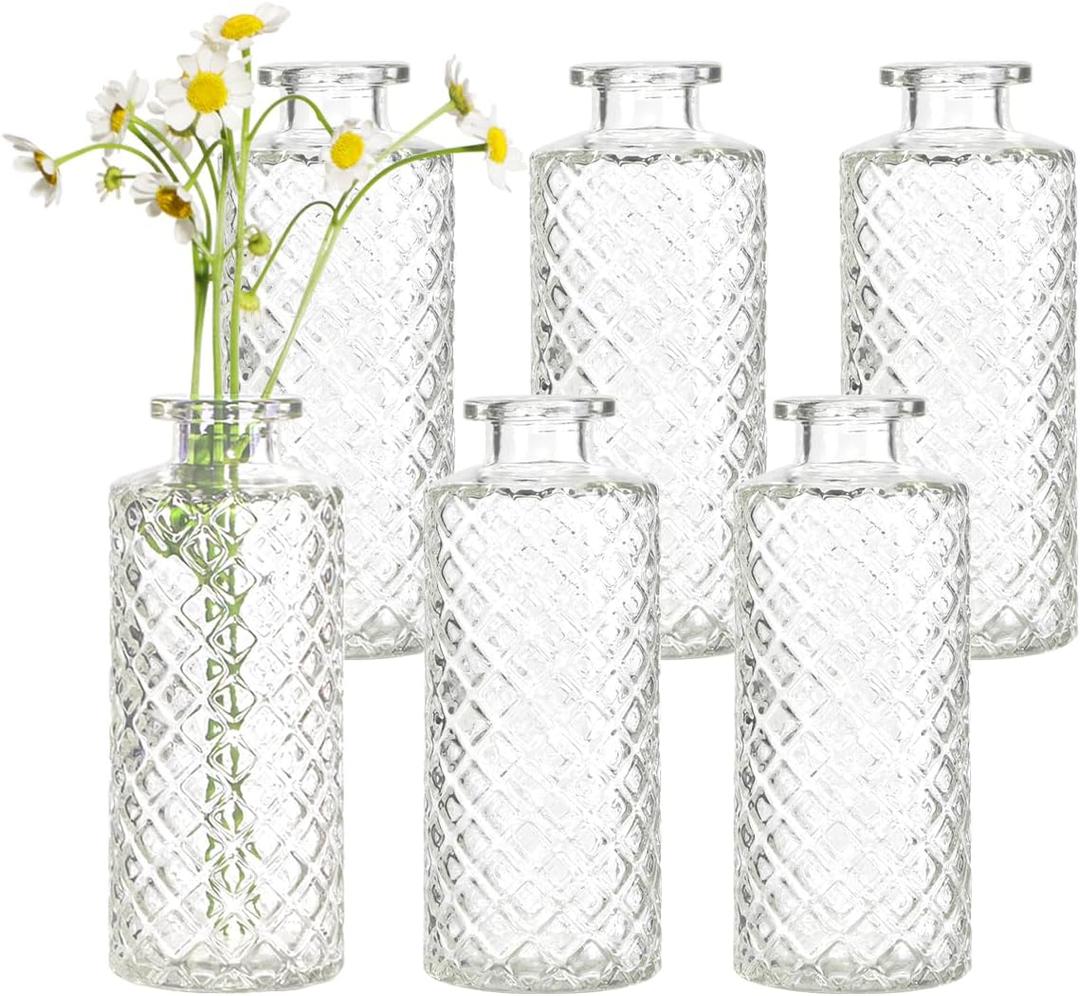Clear Glass Bud Vase Set, 6pcs Mini Vintage Flower Vases for Wedding,Small Decorative Bottle Flower Vases for Centerpiece, Christmas, Party, Home Decor, Housewarming Gift, Diamond Clear Glass Bud Vase Set, 6pcs Mini Vintage Flower Vases for Wedding,Small Decorative Bottle Flower Vases for Centerpiece, Christmas, Party, Home Decor, Housewarming Gift, Diamond