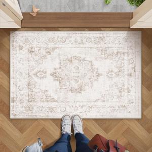 Area Rug 2x3 Vintage Rug: Small Washable Indoor Medallion Entryway Rug Low Pile Distressed Floor Carpet Retro Accent Doormat for Bedroom Bathroom Hallway Kitchen Home Office(Beige, 2'x3') (2'x3', Beige)