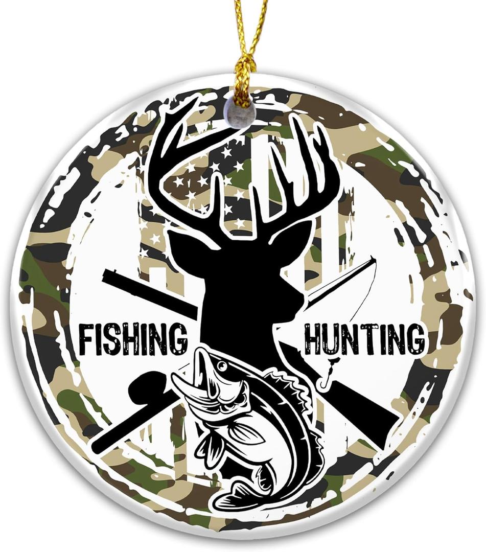 3 x Fishing & Hunting Ornament 2025  Camo Outdoor Sportsman Christmas Ornament for Men, Dad, Grandpa, or Husband  Patriotic American Flag Deer & Fish Design, Hunter Fisherman Gift