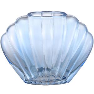 Blue Glass Vase, Glass Flower Vase, Ribbed Seashell Vases for Centerpiece, Small Shell Vases, Living Room, Dining Table, Bedroom, Bookshelf, Office, Wedding Decor, 7 Inches