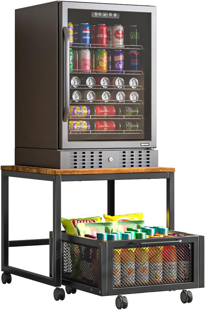 COCOLUCKY Mini Fridge Stand with Storage, Mobile Beverage Refrigerator Stand, Refrigerator Stand for Mini Fridge, Mini Fridge Organizer with Drawer Basket for Home Office, 19.7x19.7in(Vintage Brown)