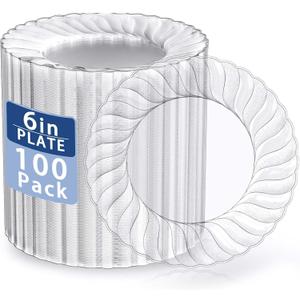 U-QE 100 Pieces Clear Plastic Plates-6 Inch Plastic Dessert Plates Disposable - Washable & Reusable - Premium Hard Clear Plates Fancy Disposable Heavy Duty Plastic Plates for Party,Weddings and Events, 6 inch,100 Pack