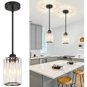 2 Pack Black Pendant Lights Kitchen Island, Modern Crystal Kitchen Pendant Lighting Over Island Dining Room Light Fixtures Adjustable Hanging Pendant Light for Bathroom Hallway Entryway Foyer Bedroom
