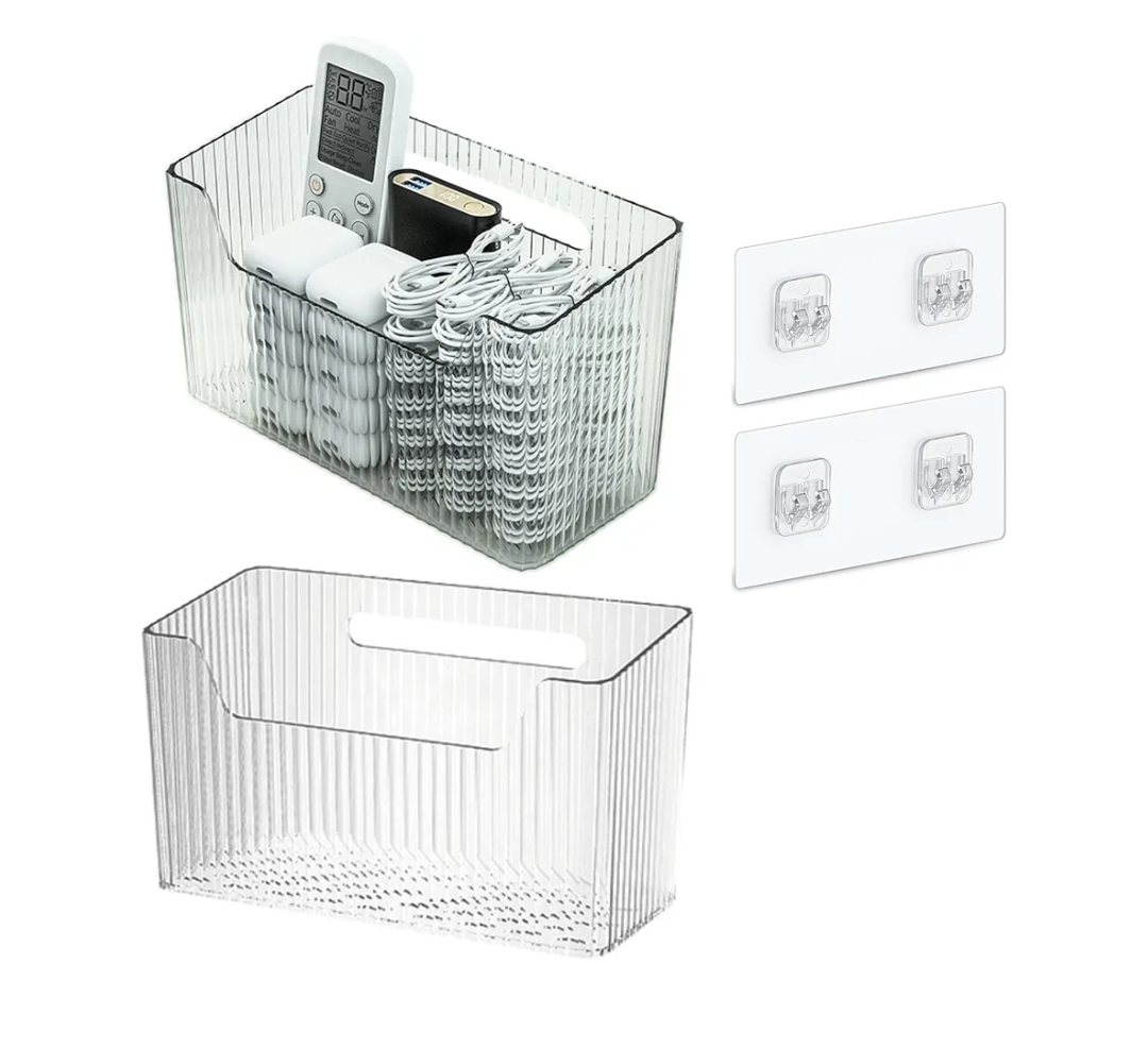 Set Of 2 Storage Organizer Bins Wall Mounted Shower Basket, Shower Caddy Stackable Clear Plastic Makeup Organizer Adhesive Hanging Bin for Bathroom, Kitchen, Cabinet, Pantry, BPA Free, Clear