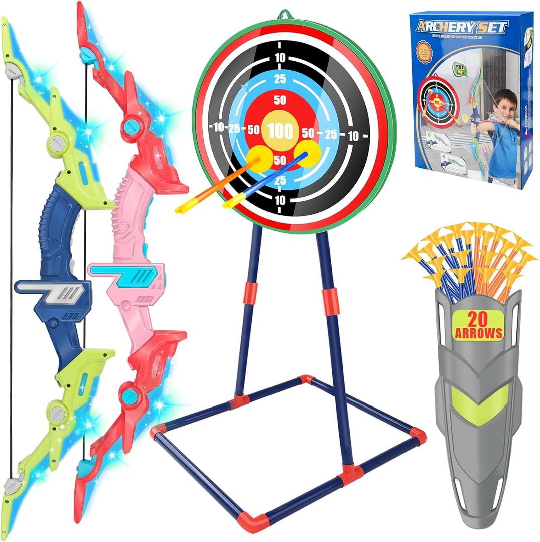 Bow and Arrow Set for Kids 4-12 Years Old, LED Light Up Archery Toy with 20 Suction Cup Arrows and Standing Target, Indoor Outdoor Activity Toys for Ages 4-6 8-13