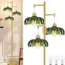 Vintage Floor Lamps for Living Room Bedroom-3 Light Dimmable Gold Floor Lamp with Glass Lampshape, Flower Tall Lamp Modern Mid Century Standing Lamp Green Tree Floor Lamp for Bedroom Corner (7.8inch)